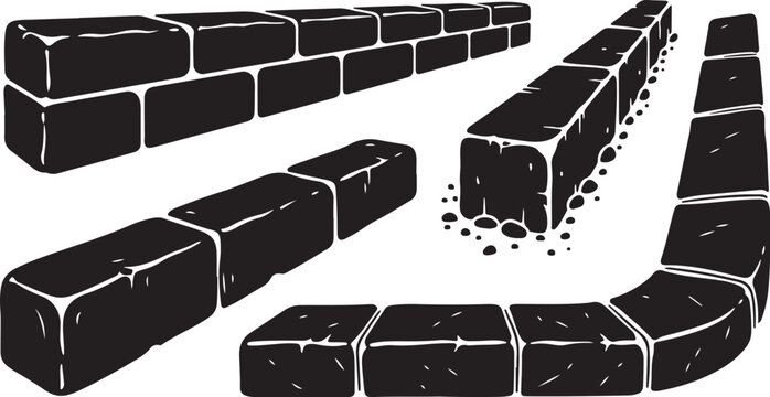 Black bricks falling down in a curved broken wall