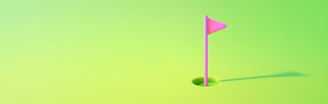 Minimal golf flag concept on green background with pink flagpole standing in hole casting shadow, clean sport design template. Ai generative