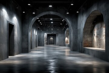 Obraz premium Dark concrete hall with arches and moody lighting in an empty industrial space interior