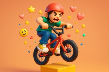 Obraz premium Energetic cartoon boy performing BMX stunt with red helmet and colorful emojis on orange background, expressing fun and sport enthusiasm. Ai generative