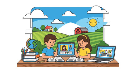 Children learning online together using digital devices while studying school books in the countryside setting © PrimePixel Studio