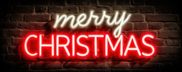 Obraz premium Neon sign reads Merry Christmas in blue and red cursive on a brick wall for festive holiday imagery