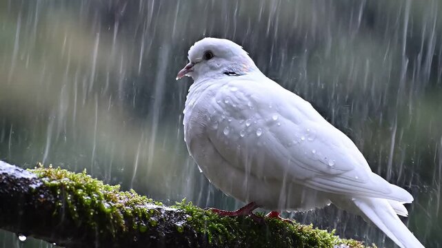 white dove bird standing on mossy branch in heavy rain nature video