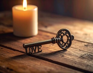 An ornate key spelling "LOVE" rests on rustic wood beside a lit candle, casting soft light and shadows