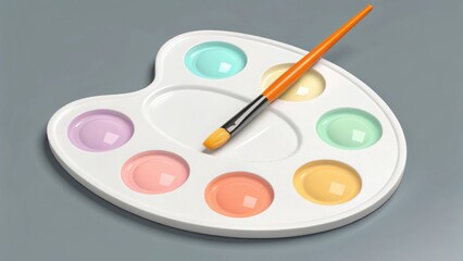 Minimalist 3d render of a painter's palette with colorful paints and a brush ready for artistic creation