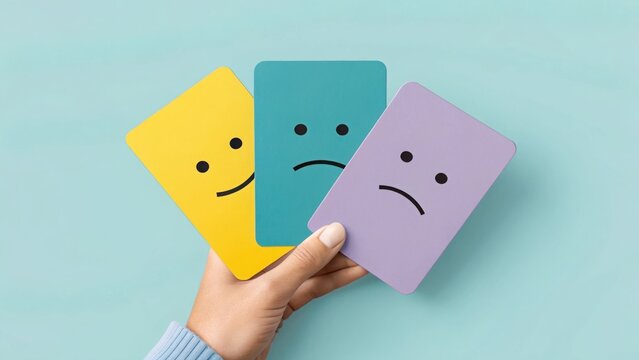 Stylized 3d render of a hand holding three flat cards with expressive cartoon faces showing emotions
