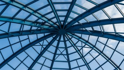 Intricate glass roof structure with metal framework