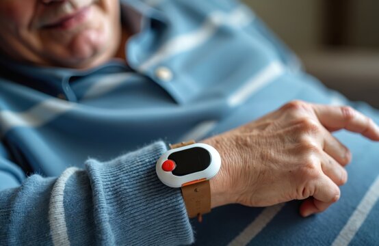 Elderly man wears alert device on wrist. He presses red button for help. Senior citizen requires assistance. Home care service for aged people.