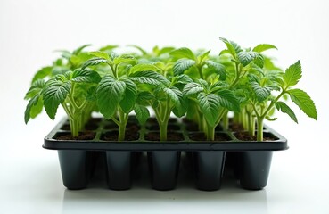 Obraz premium Young green tomato plants grow in a black seedling tray ready for planting. Small sprouts in cells signify new life and potential harvest. Agriculture and gardening concepts.