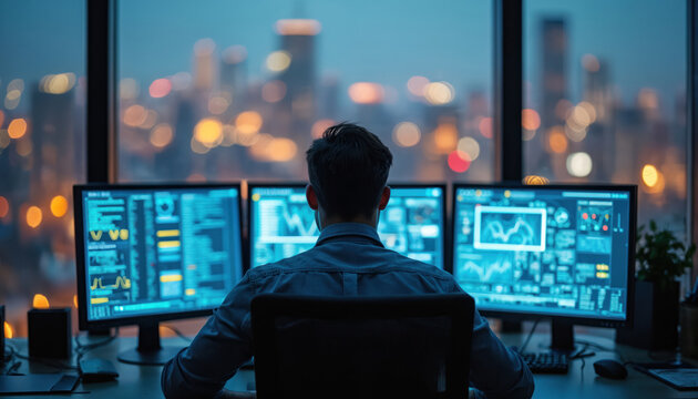 Man works late at desk with three monitors displaying data graphs and charts. City lights glow through window. Focus on analyst job at night.