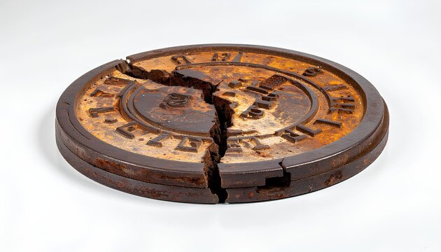 Broken rusty iron weight plate cracked in half on a white background