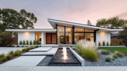 Fototapeta premium Modern architectural home with a striking angled roof and a tranquil water feature at dusk