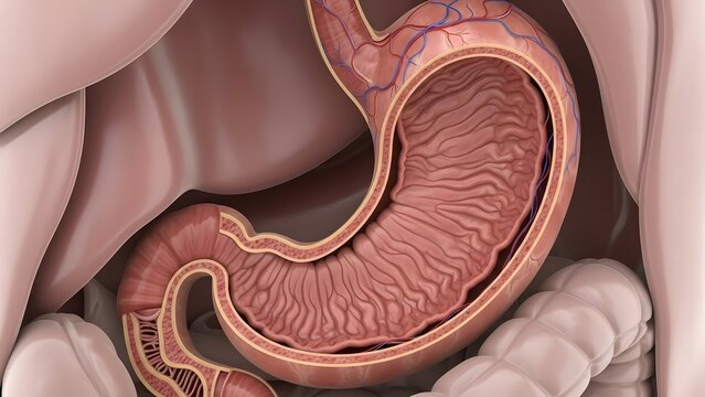 Anatomically accurate 3D medical illustration of the human stomach cross-section showing the internal gastric folds and esophageal connection.