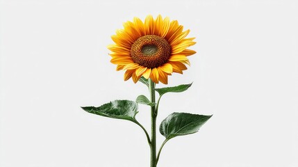 Fototapeta premium Bright yellow sunflower with green leaves isolated on a clean white background
