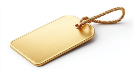 Blank golden tag with rope on white background, ready for your custom text or design