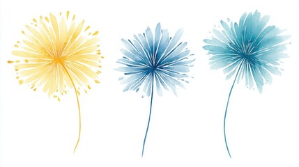 Obraz premium Watercolor dandelions in yellow and blue hues, delicate and airy on a white background