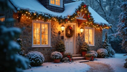 Cozy stone cottage exterior decorated for Christmas evening. Snow covers the ground and roof. Warm lights glow from windows and outdoor lamps. Festive garlands adorn the house.