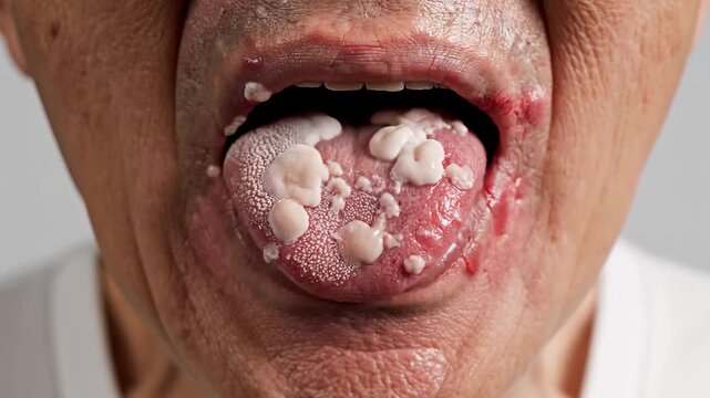 Close-up of a person's mouth with a severely inflamed tongue covered in white patches, possibly thrush.