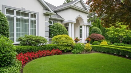 Luxurious white house with lush garden and trimmed bushes