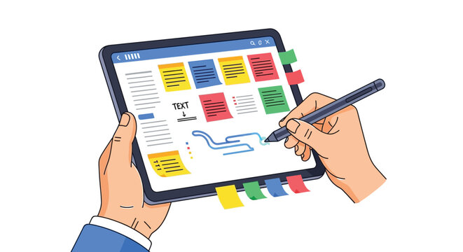 Person interacting with a digital tablet displaying sticky notes and making annotations using a stylus pen