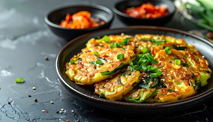 Appetizing veggie pancakes adorned with fresh greens on a dark plate with black textured background