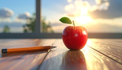 Apple and pencil on a wooden table with sunshine in the background shining through a window
