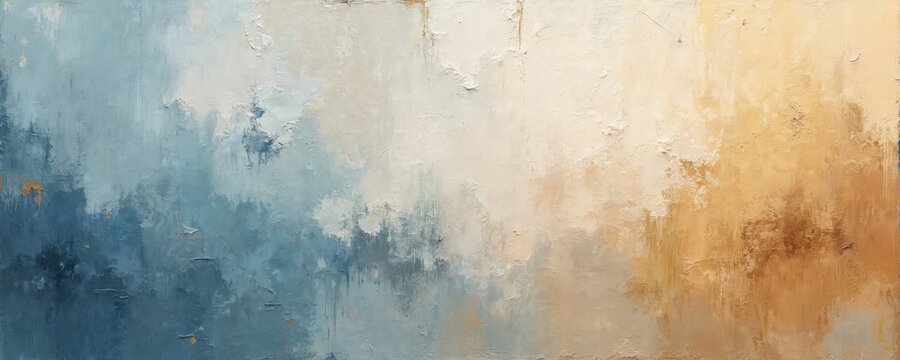 Abstract textured background with blue gold beige and orange paint strokes. Rough paint layers create visual depth on canvas. Contemporary art surface with distressed texture.