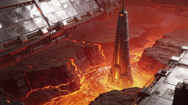 itanic geothermal extraction spire descending into glowing magma fissures, heat‑shield plating, red‑orange atmospheric glow and shimmering thermal distortion, futuristic industrial architecture.