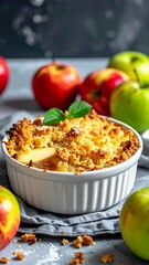 Apple crumble in a white dish with apples scattered around, on a gray background and cloth
