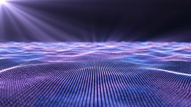 Glowing digital surface displaying undulating wave patterns under soft light rays