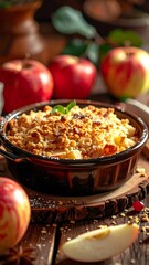 Apple crumble in dark ceramic dish on wooden board. Red apples and greenery blur in background, autumnal vibe