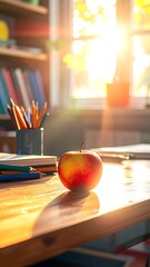 Apple on a wooden desk, sun flares brightly through a window, illuminating books and stationary