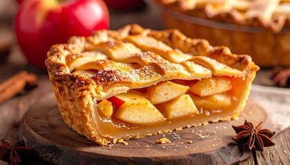 Apple pie slice on wood board. Golden crust glistens. Filling of spiced apples. Anise, cinnamon, red apples nearby