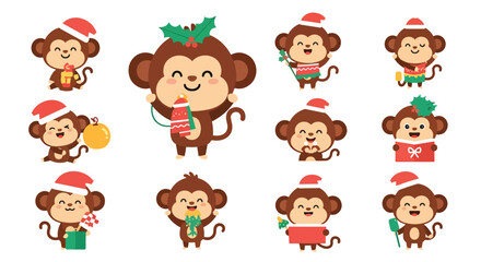 Obraz premium Set of Cute Monkeys Celebrating Christmas