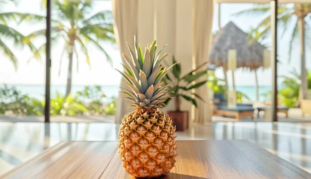Fresh whole pineapple on wooden table in tropical beach house interior, large windows with ocean and palm trees view, bright natural sunlight streaming through