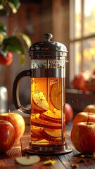 Apple-infused drink in French press on wood table with fall foliage backdrop; warm light