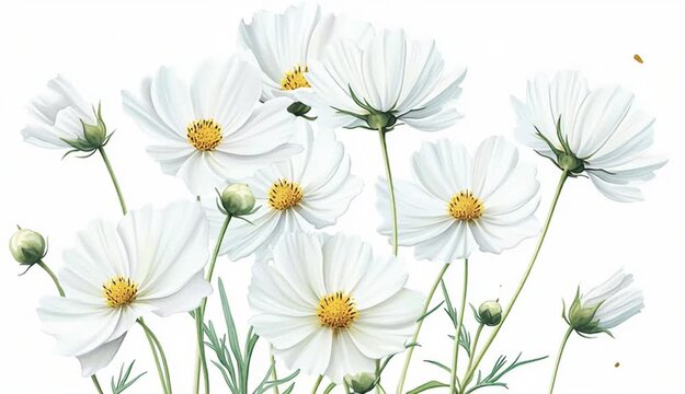 Botanical watercolor illustration of white cosmos flowers with yellow centers, delicate translucent petals, multiple blooms and buds on long green stems with sage green leaves