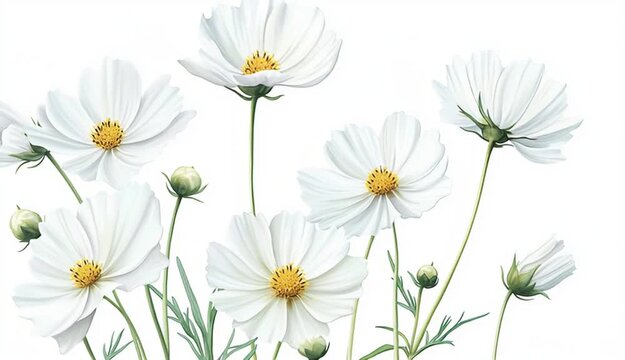 Botanical watercolor illustration of white cosmos flowers with yellow centers, delicate translucent petals, multiple blooms and buds on long green stems with sage green leaves