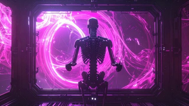 A skeletal figure gazes at a portal of swirling energy, framed by a futuristic structure