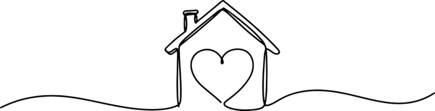 A clean and minimalistic continuous one line drawing of a house with a heart, vector illustration