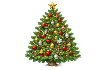 Obraz premium Christmas tree decorated with star topper, festive baubles, candy canes, garlands, bells, and pinecones for holiday celebration