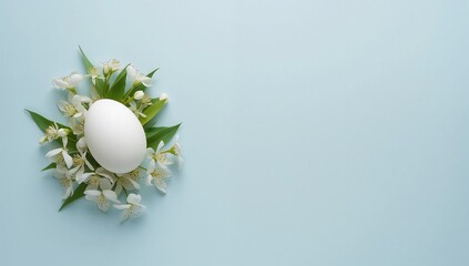 A white easter egg rests on a bed of delicate jasmine flowers