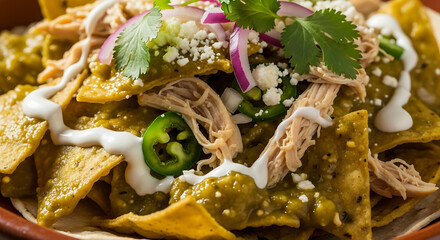 Authentic Mexican Chilaquiles Verdes with Shredded Chicken, Green Salsa, Cheese, and Cream