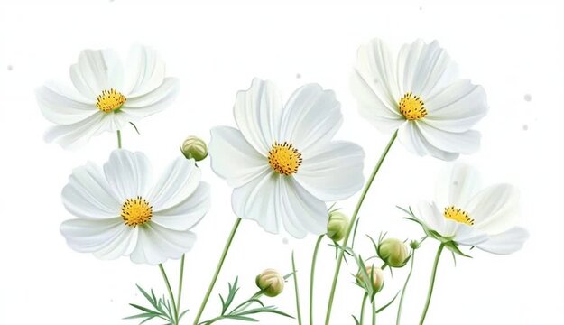 Botanical watercolor illustration of white cosmos flowers with yellow centers, delicate translucent petals, multiple blooms and buds on long green stems with sage green leaves