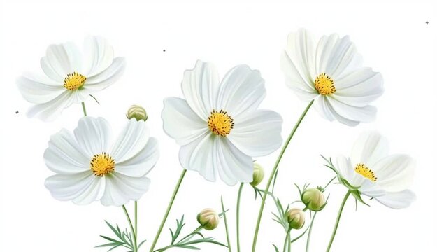 Botanical watercolor illustration of white cosmos flowers with yellow centers, delicate translucent petals, multiple blooms and buds on long green stems with sage green leaves