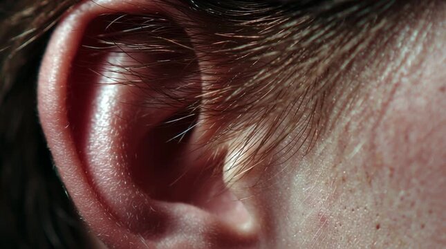 Hyper-real close-up of a human ear with subtle skin folds and fine hairs visible. Vibration-like light patterns suggest sound perception, emphasizing hearing, sensory detail, and enhanced realism.
