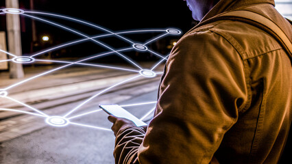 Person holding tablet with floating digital message icons in futuristic technology interface