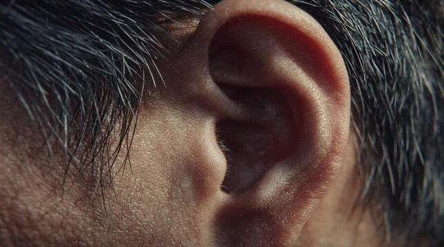 Hyper-real close-up of a human ear with subtle skin folds and fine hairs visible. Vibration-like light patterns suggest sound perception, emphasizing hearing, sensory detail, and enhanced realism.
