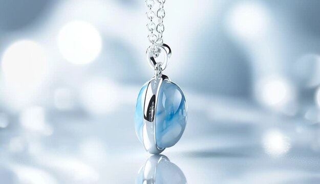 elegant sterling silver pendant necklace with oval larimar stone, light sky blue gemstone with natural white marbling patterns