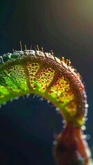 Arched translucent green leaf edge, tiny red spots, golden hairs, against dark background, illuminated